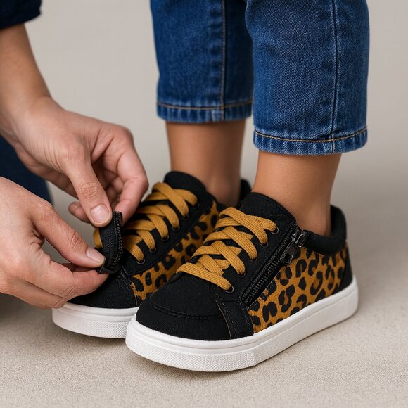 BILLY Footwear Girls Harbor Zipper Sneakers Leopard Print Easy On/Off Size 4 - Picture 1 of 4